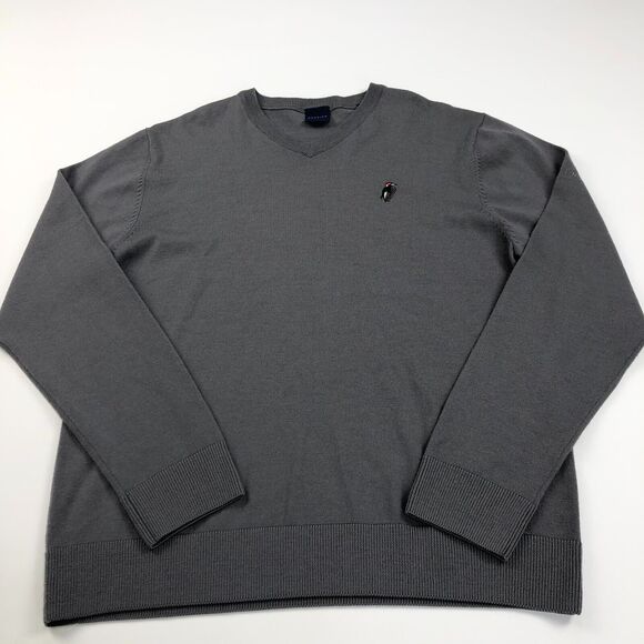 Dunning Merino Wool Large Mens Pullover V-Neck Sweater Gray Logo - Picture 1 of 14